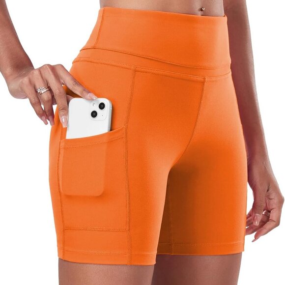 Slim Fit Orange Yoga Shorts for Women with High Waist & Deep Pockets, 4-Way Stre - Picture 1 of 6